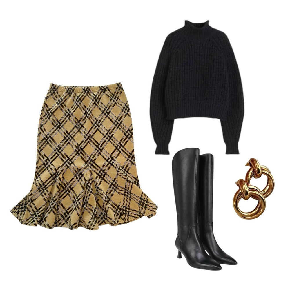Nina Leonard Tan Plaid Skirt